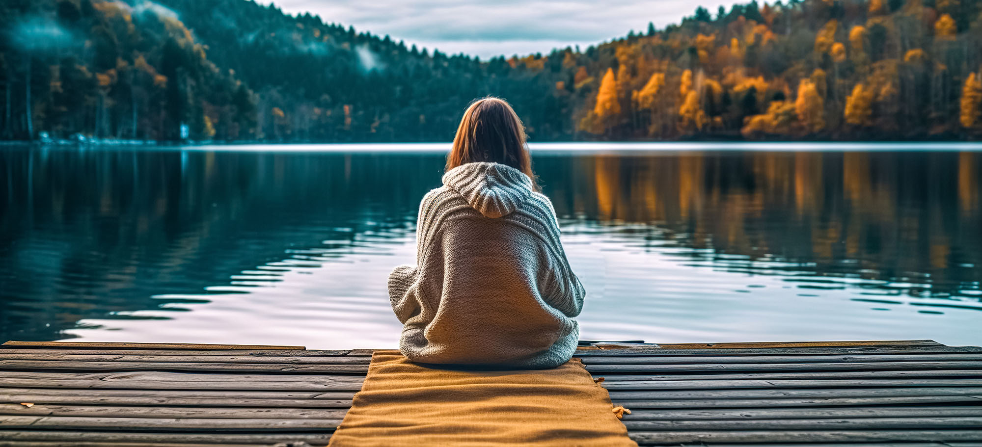 woman sitting on the dock at a lake